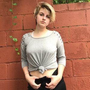 Soft grey studded shoulder top